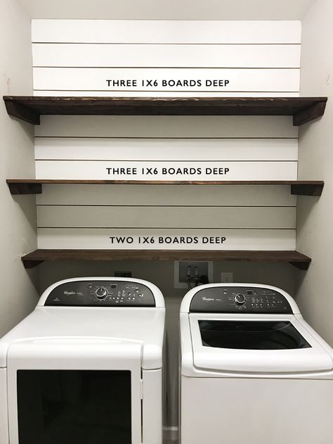 Our favorite part of the new laundry room is definitely the shiplap and shelving. It provides a lot of extra storage, plus the entire thing cost us less than $80. And it was super easy to complete! First thing we did was measure the back wall of our laundry room above the washer and dryer. … Laundy Room, Laundry Shelves, Diy Wood Shelves, Room Storage Diy, Dream Laundry Room, Laundry Room Renovation, Farmhouse Laundry, Laundry Room Shelves, Farmhouse Laundry Room