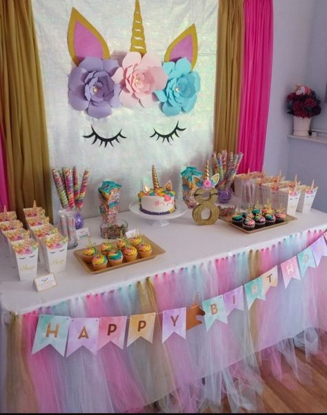 Unicorn party, dessert table, Unicorn backdrop, pastel rainbow, unicorn cake table. Unicorn And Donuts Birthday Party, 1st Birthday Party Ideas Unicorn, Unicorn 2nd Birthday Party Ideas, Unicorn Birthday Setup, Unicorn Birthday Cake Table, Rainbow Unicorn Birthday Decorations, Unicorn Birthday Theme Ideas, Unicorn One Year Old Birthday, Rainbocorn Birthday Party