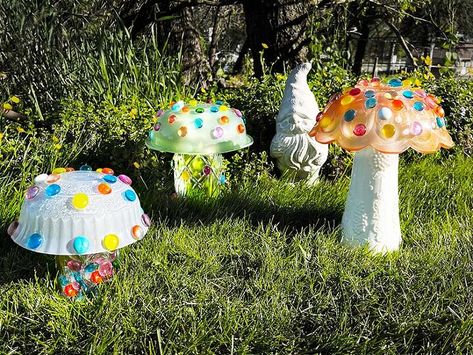 Diy Garden Mushrooms, Solar Mushroom Lights, Mushroom Hats, Hanging Patio Lights, Glassware Crafts, Solar Light Crafts, Fun Summer Crafts, Crystal Dishes, Garden Mushrooms