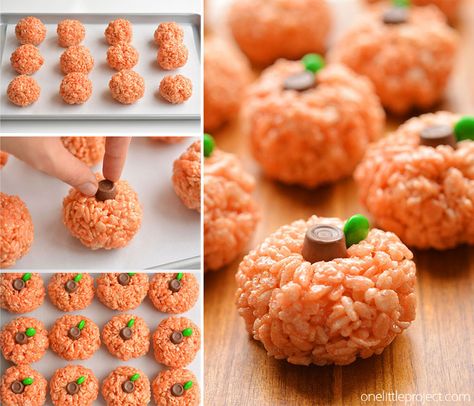 Pumpkin Rice Krispies, Pumpkin Rice Krispie Treats, Postres Halloween, Halloween Party Snacks, Halloween Treats For Kids, Krispy Treats, Halloween Treats Easy, Thanksgiving Treats, Pumpkin Treat