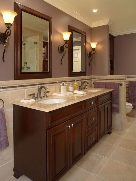 perfect inspiration...purple, cream top, warm tone, darker stain Double Bathroom Vanity Ideas, Simple Bathroom Remodel, Traditional Bathroom Designs, Purple Bathrooms, Brown Decor, Brown Bathroom, Vanity Design, Trendy Bathroom, Bathroom Pictures