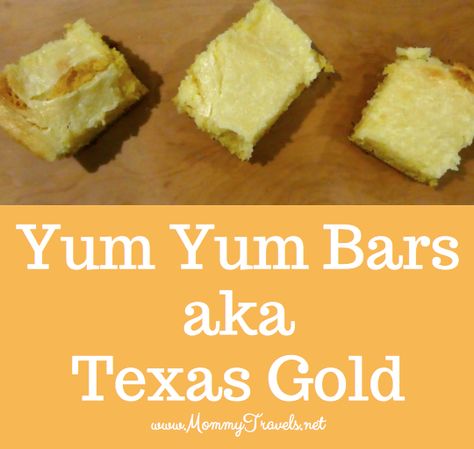 Yum Yum bars are easy to make. You make them with a yellow cake mix. This is also commonly known as Texas Gold. Texas Yum Yum Dessert, Yellow Cake Cookie Bars, Yellow Cake Mix Cookie Bars, Yellow Cake Mix Chocolate Chip Cookie Bars, Texas Gold Bars, Favorite Cookbooks, Vegetarian Cake, Yellow Cake, Favorite Dessert Recipes