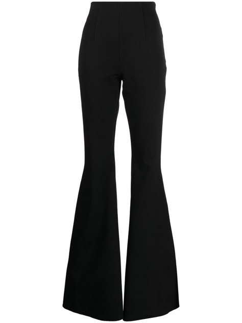 black flared design front zip fastening mid-rise wide leg Flare Leg Pant, Flare High Waisted Pants, Black Leggings Flare, Black Flare Trousers, Black Flared Leggings Outfit, Flared Trousers Outfit, Black Flare Pant, Flared Black Pants, Black Wide Pants