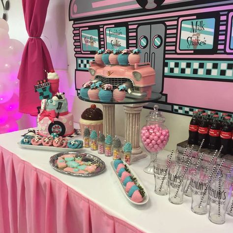 Azaleas Baby Bop Soda Shoppe | CatchMyParty.com 50s Birthday Party Theme For Kids, Sock Hop Birthday Party, Soda Shoppe Party Ideas, Grease Party Theme, 1950s Birthday Party Theme, 50s Birthday Party Theme, Sock Hop Party Ideas, 50s Party Decorations, Grease Theme