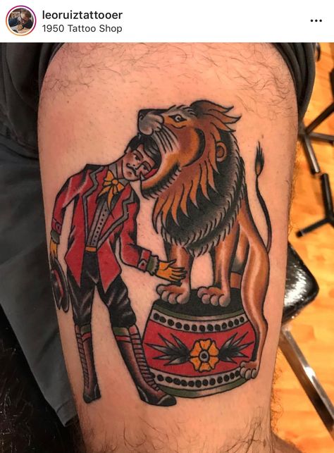 Carnival Traditional Tattoo, Trad Circus Tattoo, Lion Tamer Tattoo, Traditional Carnival Tattoo, Circus Themed Tattoo, Circus Theme Tattoo, Traditional Circus Tattoo, American Traditional Lion, Circus Tattoos