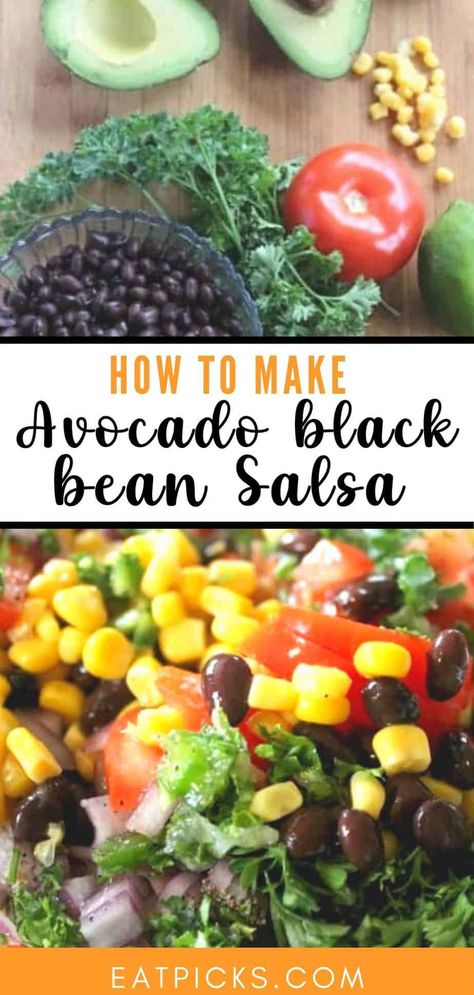 Learn how easy it is to make Avocado Black Bean salsa with corn! This dip is perfect as an appetizer or side dish to enjoy with tortilla chips or as a topping on eggs, potatoes, or tacos. #salsa #Dip #Appetizers #snacks #partyfood #sidedish Football Dips Recipes Parties, Black Bean Salsa With Corn, Black Bean Salsa Dip, Salsa With Corn, Dip Appetizers, Eggs Potatoes, Avocado Salsa Recipe, Avocado Recipe, Black Bean Dip