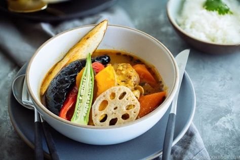 A delicious and cozy Soup Curry with fall-off-the-bone chicken and rainbow vegetables. #hokkaido #sapporo #soupcurry #japanesefood | Easy Japanese Recipes at JustOneCookbook.com Curry Soup Recipes, Soup Curry, Japanese Soup, Easy Japanese Recipes, Japanese Curry, Mango Chutney, Curry Soup, Japanese Recipes, Colorful Vegetables