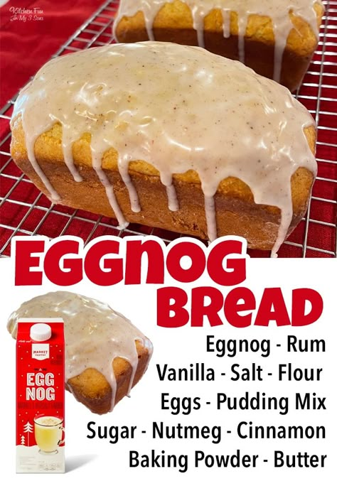 Eggnog Bread with Rum Glaze is a moist and flavorful recipe with nutmeg and cinnamon. Delicious Christmas recipe for breakfast or dessert! #Recipes #Christmas Glazed Eggnog Bread, Egg Nog Bread Pudding With Rum Glaze, Egg Nog Bread Recipe, Eggnog Bread With Rum Glaze, Christmas Eggnog Bread, Southern Comfort Eggnog, Eggnog Bread Recipe, Dessert Recipes Christmas, Eggnog Bread