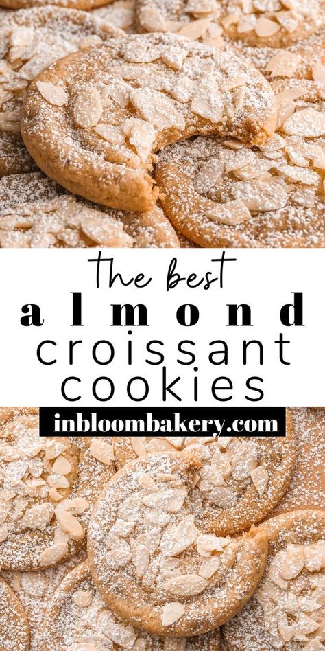 These are the best almond cookies! They're chewy almond cookies with frangipane centers, topped with sliced almonds and a dusting of powdered sugar. They have all the trappings of an almond croissant in cookie form! Almond Pastry Cookies, Cookies With Preserves, Almond Croissant Recipes, Cream Horn Cookies, Christmas Cookies With Almond Extract, Best Gf Cookie Recipes, Nut Crescent Cookies, Almond Flour Cookies Recipes Easy, Almond Powder Cookies