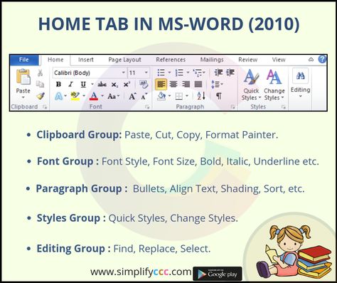 Home Tab in MS-Word (2010)   #CCC #SimplifyCCC #NIELIT   --------INSTALL NOW-------- https://play.google.com/store/apps/details?id=com.simplifyccc Ms Word Design, Scratch Programming, Word App, Computer Applications, Word Program, Computer Shortcut Keys, Computer Lessons, Learn Computer Science, Learn Computer