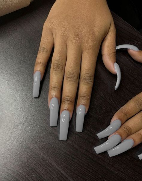 Grey Acrylic Nails Designs, Black And Gray Nail Designs, Gray Acrylic Nails, Solid Color Acrylic Nails, Light Gray Nails, Grey Acrylic Nails, Hot Nail Designs, Grey Nails, Tips Nails