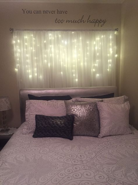 Lights above bed Curtain Wall Bedroom Behind Bed With Lights, Bedroom Curtain Light Ideas, Curtain Lights Above Bed, Above Bed Lighting Ideas, Curtain Lights Behind Bed, Fairy Lights Behind Bed, Fairy Lights Above Bed, Lights Behind Bed, Things To Hang Above Bed