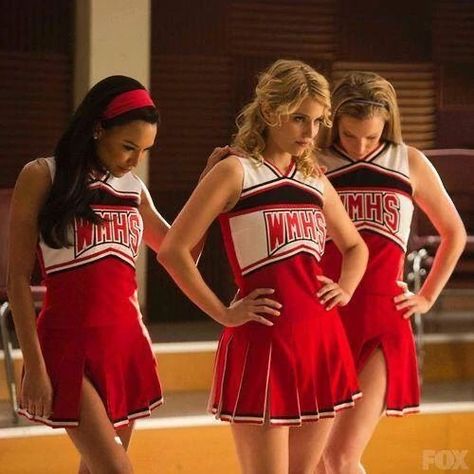 Glee Costume, Glee Cheerios, Unholy Trinity, Diana Agron, Becca Tobin, Matthew Morrison, Cheer Uniforms, Film Journal, Glee Fashion