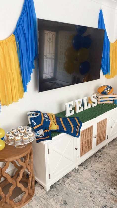 Rugby league game day party decorations. Day Party Decorations, Parramatta Eels, Game Day Party, Dad Birthday Cakes, Rugby League, Day Party, Dad Birthday, Birthday Cakes, Party Time