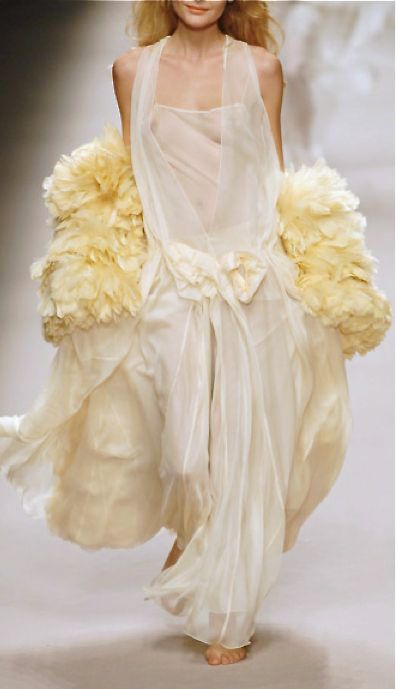 Pale Yellow Outfit, Pale Yellow Aesthetic, Yellow Runway, Lemon Souffle, Neutral Bridesmaids, Pale Yellow Dress, Feather Coat, Feather Fashion, Stay Curious