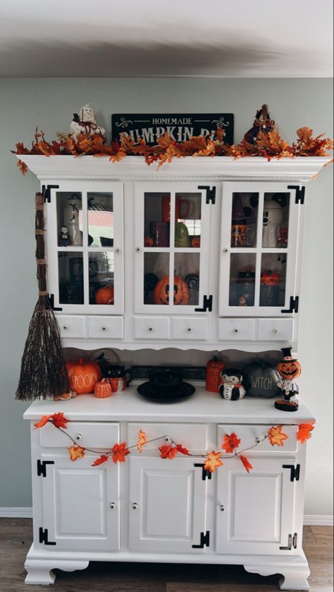 Halloween Decor On Top Of Kitchen Cabinets, Halloween Cabinet Decor, Decor On Top Of Kitchen Cabinets, Kitchen Hutch Decor, Decor Above Kitchen Cabinets, Top Of Kitchen Cabinets, Decorating For Halloween, Halloween Kitchen Decor, 2023 Ideas