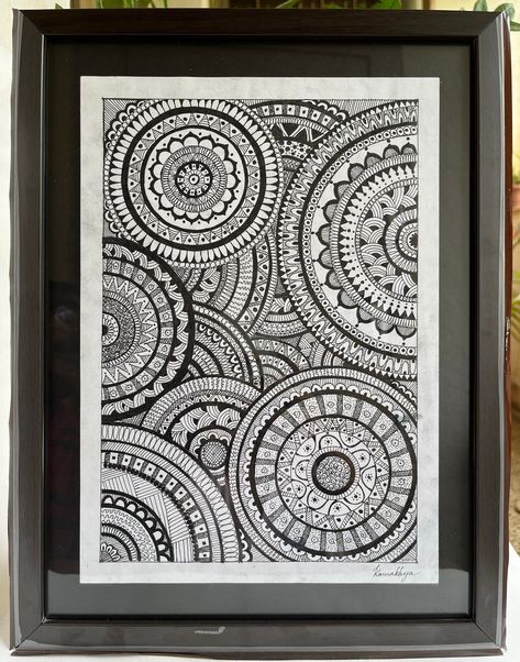 "Mandala circles - Mandala painting, , frame painting, wall art, wall hanging, mandala framed artwork, handmade artwork Colour - Black pen work Size (With frame) - 11\" x 14.5\" Theme - mandala inspired painting Materials - paper, black pen, wooden frame Uses and purpose - Wall hanging, house warming gift, home decor  Care instructions - can be cleaned using a dry cloth Note - Please feel free to contact us for any query." Black Colour Painting, Mandala Art On Cloth, Mandala Art Wall, Mandala Art For Wall, Mandala Art Circle, Wall Mandala Painting, Circle Mandala Art, Mandala Paintings, Canvas Mandala Painting