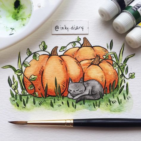 Autumn Cute Drawing, Pumpkin Patch Doodle, Fall Sketchbook Ideas, Cute Autumn Drawings, Pumpkin Drawing Art, Pumpkin Patch Drawing, Pumpkin Patch Illustration, Pumpkin Cat Drawing, Nap Illustration