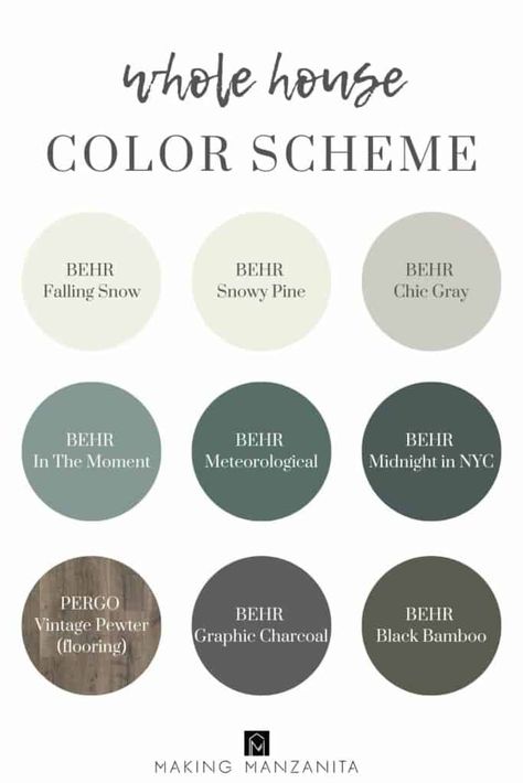 Choosing the right paint color for your house is hard. It's even harder to choose ALL the paint colors for your whole house color scheme so that they look cohesive and the color scheme flows from room to room. Color Schemes For Whole House, Farmhouse Coordinating Paint Colors, Behr Paint Schemes Whole House, Whole House Paint Colors Green, Color Pallets For The Home 2023, Picking Color Scheme For House, Whole House Coordinating Paint Colors, Behr Paint Whole House Color Scheme, Calming Whole House Paint Scheme