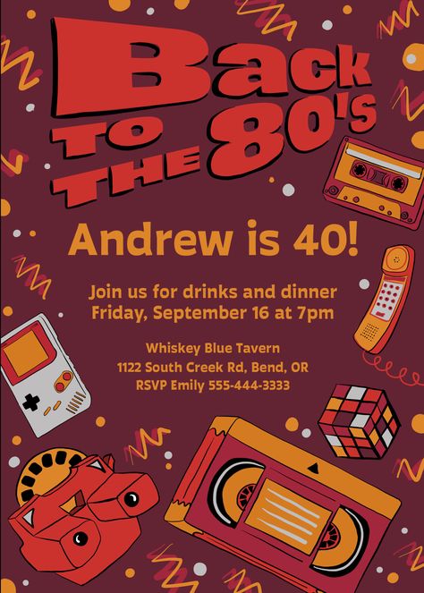 80s throwback digital invitation for birthday parties 80s Birthday Party Theme, Back To The 80s Party, 40th Birthday Invite, 80s Birthday Party, 80s Birthday Parties, 80s Birthday, 80s Theme Party, Back To The 80s, 80s Theme