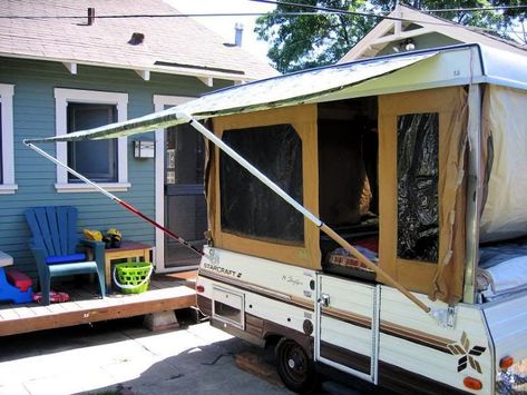 10 DIY Camper Awning Ideas To Save A Lot of Money Diy Camper Storage, Camper Storage Ideas, Pop Up Awning, Camper Awning, Trailer Awning, Pop Up Tent Trailer, Diy Awning, Rv Mods, Pop Up Trailer