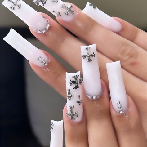 Long White French Tip Nails With Diamonds, White Nails Cross Design, Black Nails Acrylic Cross, Nails Inspiration With Cross, Long Acrylic Nails With Cross Design, Coffin Cross Nails, Long Square Acrylic Nails Designs White, Long White Nails With Charms, Black And White Nails With Cross