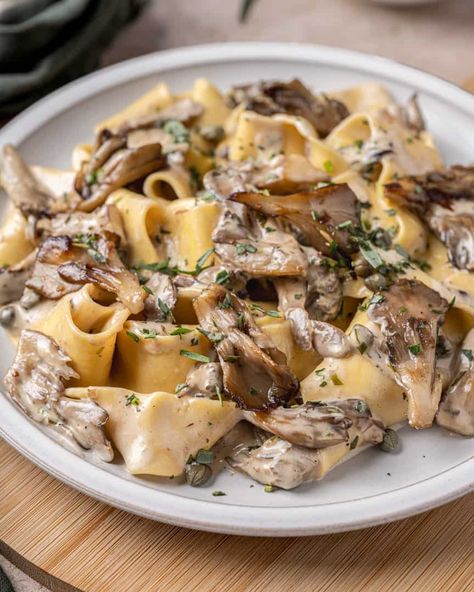 Hen Of The Woods Mushroom Recipe, Hen Of The Woods Recipe, Tarragon Cream Sauce, Pappardelle Pasta Recipe, Cream Of Mushroom Pasta, Hen Of The Woods, Tarragon Recipes, Tarragon Sauce, Cooking With Wine