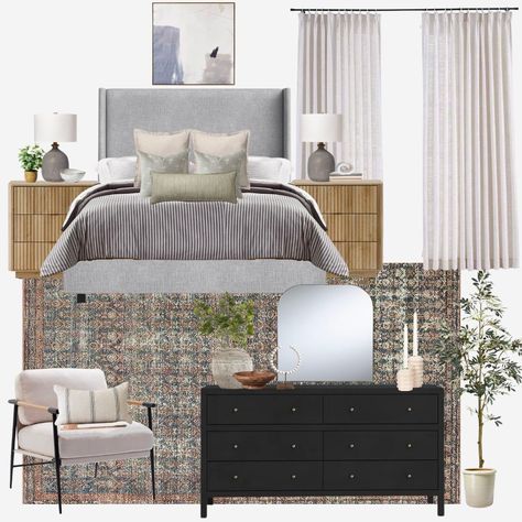 FULL BEDROOM DESIGN CONCEPT WITH FURNITURE AND DECOR UNDER $5,000 (taxes and shipping excluded). Purchase includes the digital mood board shown, and a PDF shopping list with clickable links for easy ordering. *While we try to update our order lists frequently, there are products that can quickly sell out or get back-ordered. If this happens, you can message us and we will send you a substitution item as quickly as we can. Taupe Upholstered Bed, Full Bedroom Design, Bedroom Design Concept, Grey Headboard Bedroom, Bedroom Industrial Chic, Ivory Bedroom, Digital Mood Board, Full Bedroom, Neutral Bedroom Decor