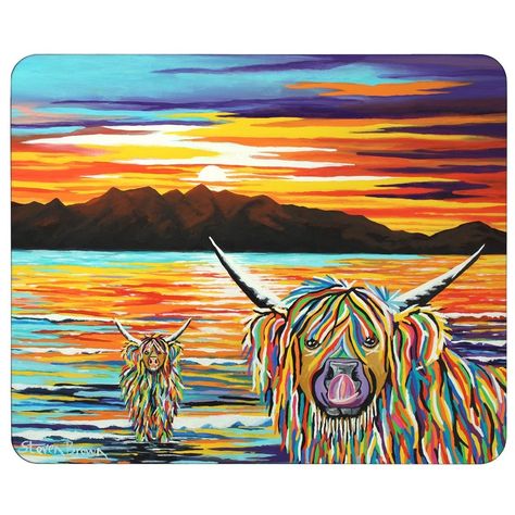 "Isla & Arran McCoo" Artwork Designed Placemats Brown Paintings, Brown Canvas Art, Steven Brown, Steven Brown Art, Colorful Table Setting, Highland Cow Art, Highland Cow Canvas, Brown Painting, Cow Canvas