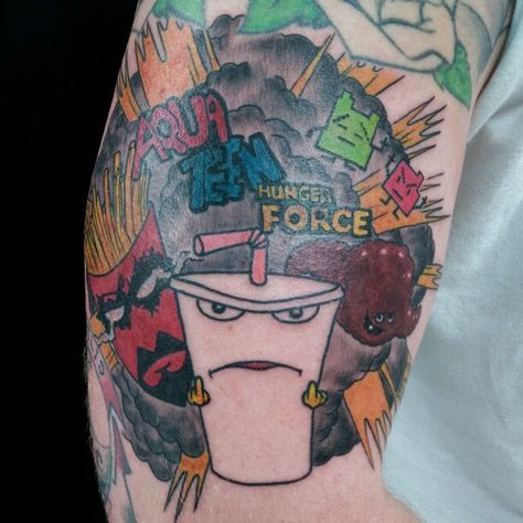 Aqua Teen Hunger Force Tattoo Aqua Teen Hunger Force Tattoo, Teen Tattoos, Justin Wilson, Master Shake, Aqua Teen Hunger Force, Girl Arm Tattoos, Epic Tattoo, Trending Tattoo, Aqua Teen