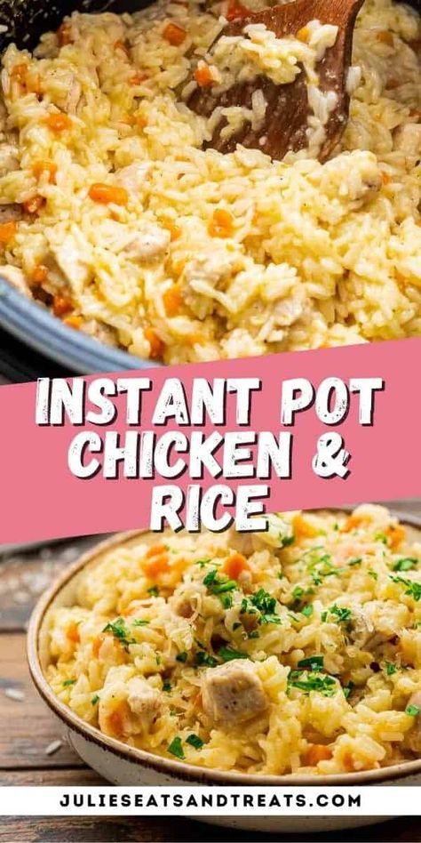 If you need a quick and easy dinner the whole family will enjoy look no further than this Instant Pot Chicken and Rice! It's creamy and cheesy with pieces of tender chicken, carrots and rice. A one-pot meal that will quickly become a staple dinner recipe at your house. Chicken And White Rice Instant Pot, Kid Dinner, Instant Pot Chicken And Rice, Chicken Carrots, Dinners Healthy, Chicken And Rice Recipe, Easy Pressure Cooker Recipes, Ip Recipes, Pressure Cooking Recipes