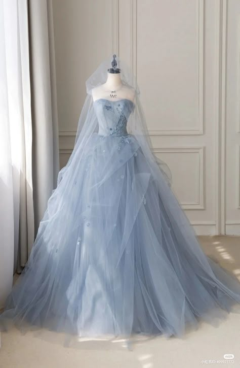 Moon Dresses Gowns, Pink Tulle Quince Dress, Periwinkle Quince Dress, Beautiful Ball Gowns Fairytale, Wedding Dresses Not White, Poofy Wedding Dresses, Blue Tulle Gown, Blue Ball Dresses, Fairy Ball Gown