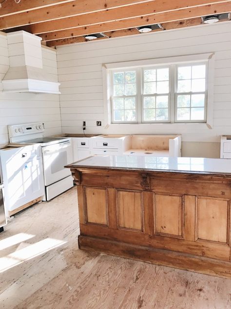 Pine Kitchen Island, Small Kitchen Makeover, Airbnb Cottage, Pine Kitchen Cabinets, Pine Cabinet, Vintage Island, Pine Cabinets, Liz Marie, Pine Kitchen