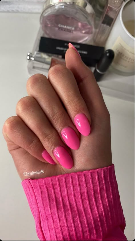 hot pink nails inspo dip powder almond nails pink neon pink bright Bright Pink Oval Nails, Hot Pink Nails Round, Barbie Pink Oval Nails, Bright Pink Dip Nails, Hot Pink Glazed Nails, Hot Pink Nails Dip Powder, Dip Almond Shape Nails, Dark Pink Nails Almond, Barbie Pink Dip Powder Nails