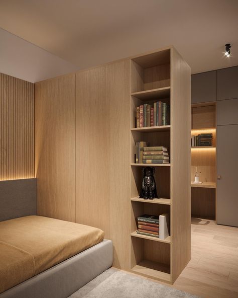 A modern bedroom with built-in shelving. Modern Bedroom Headboard, Bedroom Headboard Wall, House Organization, Upholstered Walls, Boarding House, Tiny Apartments, Headboard Wall, Bedroom Headboard, Built In Desk