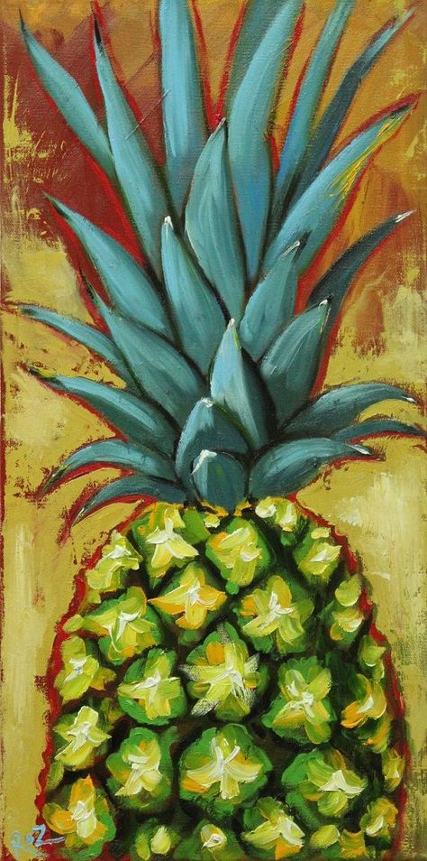 Fun spikey blue-green tones contrasted with yummy green and yellow. This looks fun for a group paint. Fruit Oil Painting, Pineapple Painting, Fruit Still Life, Still Life Fruit, Food Painting, Fruit Painting, Still Life Art, Fruit Art, Kirigami