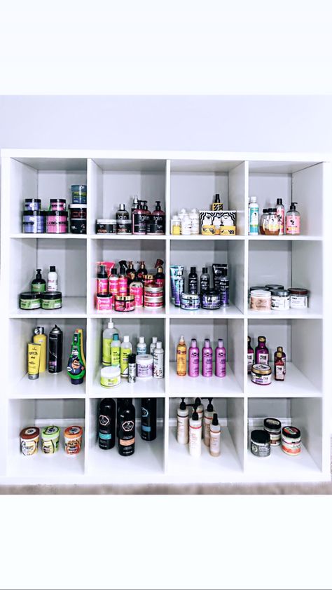 I love these shelves from IKEA! Ive organized all of my hair care products on these shelves it looks super clean and organized! #productjunkie #hairproducts #ikea #shelves #organization #organize #aesthetic Shelves For Hair Products, Hair Storage Ideas Organizing, Organize Hair Products, Organize Aesthetic, Hair Organizer, Product Organization, Shelves Organization, Hair Room, Hair Product Storage