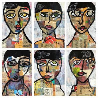 Art Room Britt: Portraits and Figures. Mixed media acrylic collage portrait drawing project for kids. Self Portraits Art, Portraits For Kids, Middle School Art Projects, Acrylic Collage, Mixed Media Portrait, Collage Portrait, 6th Grade Art, 5th Grade Art, Collage Art Projects