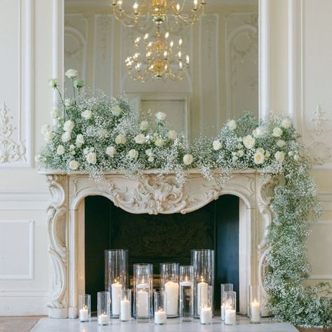 Mantel Wedding Decorating Ideas, Fireplace Wedding Flowers, Wedding Fireplace Decor, Fireplace Wedding Decor, Historic Fireplace, Wedding Fireplace Decorations, Romantic Fireplace, Fireplace Wedding, Wedding Mantle