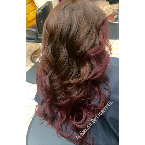 Golden ash brown hair with red violet underneath Wine Red And Brown Hair, Red Violet Highlights In Brown Hair, Light Brown Burgundy Hair Color, Burgundy Streaks In Brown Hair, Brown Hair With Burgundy Underneath, Light Brown Hair With Red Underneath, Brown With Red Underneath, Golden Ash Brown Hair, Red Underdye Hair Brown