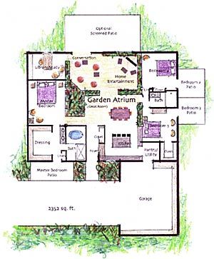 The Garden Atriums Home: The Plans Modular Floor Plans, Sea Container Homes, Atrium House, Courtyard House Plans, Small House Plan, Mid Century Architecture, House System, Interior Garden, Courtyard House