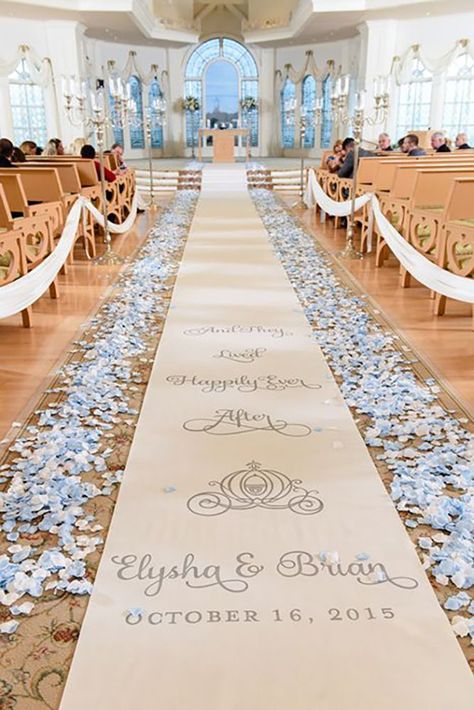 Charming Ideas For Disney Wedding ❤ See more: http://www.weddingforward.com/disney-wedding/ #weddings Cinderella Wedding Theme, Church Aisle, Themed Wedding Decorations, Aisle Runners, Disney Wedding Theme, Light Blue Roses, Church Wedding Decorations, Tafel Decor, Light Blue Wedding