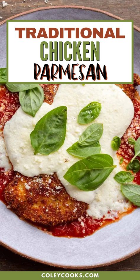 Our Traditional Chicken Parmesan (or Chicken Parmigiana) is a classic dish featuring crispy panko-crusted chicken breast, lusciously melted fresh mozzarella, and a tangy homemade marinara sauce. Perfect for a restaurant quality dinner and ready in a little over an hour! My traditional chicken parm is light and extremely flavorful. The chicken is flash-fried until lightly golden, then finished off in the oven for a perfectly crisp crust. Chicken Parmesan Recipe Authentic, Best Chicken Parmigiana Recipe, Crispy Chicken Parmesan Recipe, Crispy Chicken Parmesan, Homemade Marinara Sauce, Chicken Parmesan Recipe, Homemade Flatbread, Chicken Parmigiana, Marinara Sauce Homemade