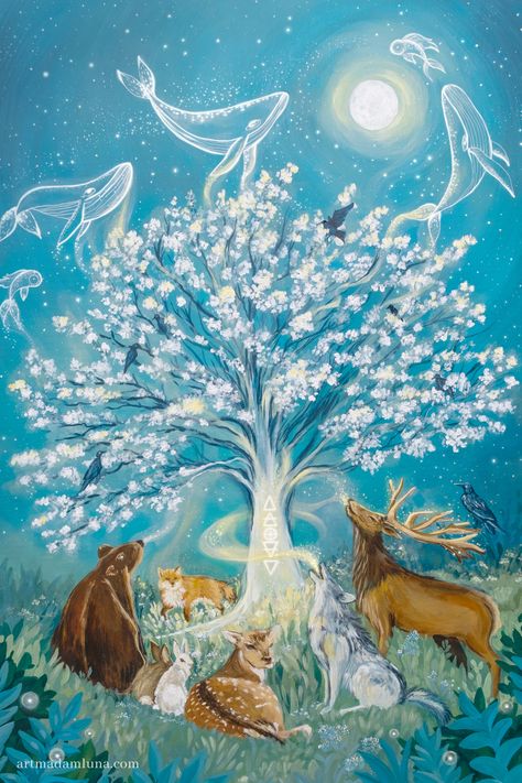 Acrylic Painting, Spiritual Wall Art, Witchy Home Decor, Pagan Wiccan Gift 5 Elements Of Nature Art, 5 Elements Of Nature Illustration, Five Elements Of Nature Painting, Tree Of Life Aesthetic, Magic Tree Art, Fantasy Tree Of Life, Tree Spiritual Art, Tree Of Peace, 5 Elements Of Nature