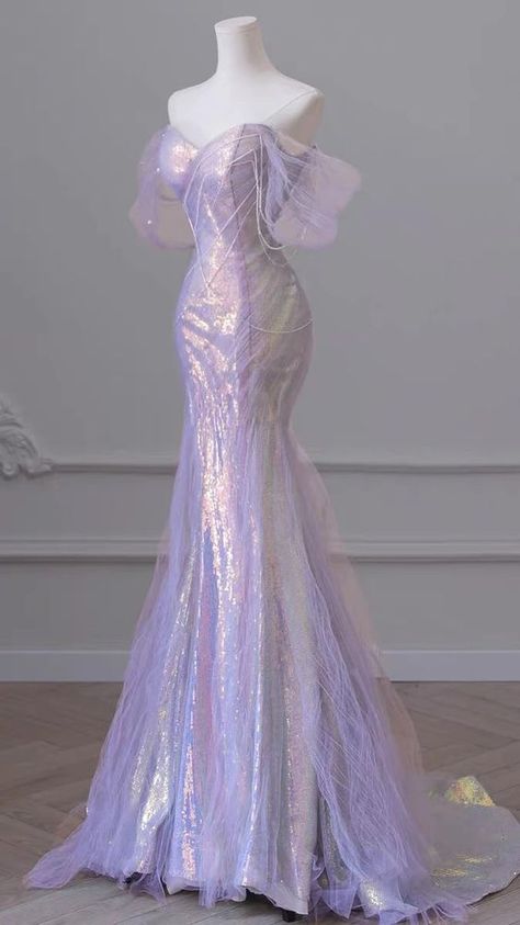 Light Purple Mermaid Dress, Mother Of Pearl Dress, Custom Prom Dress Ideas, Purple Fitted Mermaid Dress, Got Inspired Dress, Opalescent Dress, Ariel Purple Dress, Ethereal Dress Goddesses, Modern Princess Dress