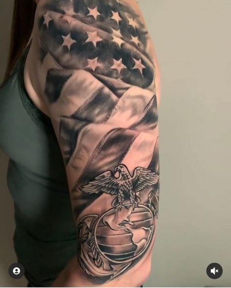 Marine Sleeve Tattoo, Tat Sleeve, Marine Corps Tattoos, Usmc Tattoo, Marine Tattoo, Patriotic Tattoos, Army Tattoos, Realistic Tattoo Sleeve, Mens Shoulder Tattoo