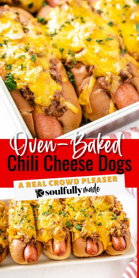 2 image collage for oven baked cheese dogs. Oven Baked Chili Dogs, Oven Chili Dogs, Oven Hot Dogs Baking, Cooking Hot Dogs In Oven, Baked Chilli Cheese Dogs, Oven Chili Cheese Dogs, Oven Baked Chili Cheese Dogs, Oven Baked Hotdogs, Chili Dogs In Oven