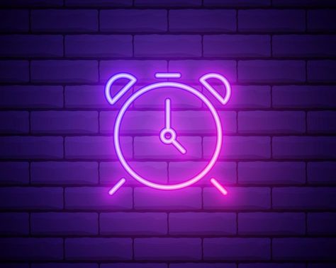 Glowing neon line Alarm clock icon isolated on brick wall background. Wake up, get up concept. Time sign. Vector Illustration Alarm Clock Icon, Purple Clock, Birthday Graphics, Pink Neon Sign, Neon Clock, Clock Icon, Blue Clocks, 21 Birthday, Brick Wall Background