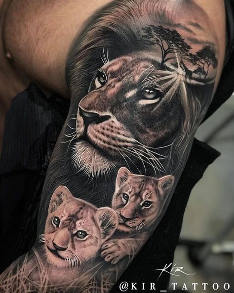 Lions Tattoo, Lioness And Cub Tattoo, Lion Cub Tattoo, Tiger Tattoo Sleeve, Cubs Tattoo, Animal Sleeve Tattoo, Lioness Tattoo, Lion Tattoo Sleeves, Mens Lion Tattoo