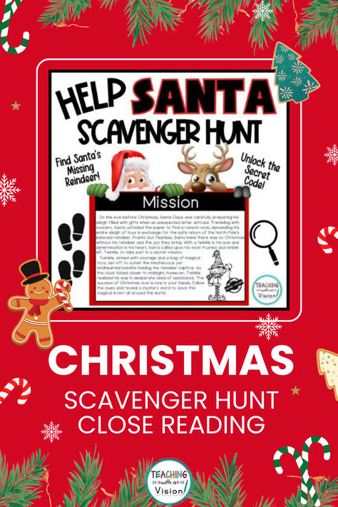 Help Santa Please! A Christmas Scavenger Hunt focusing on 10 short Close Reading Passages: Christmas Around The World will catapult students' critical thinking skills as they help Santa find his missing reindeer. Keen Reading comprehension skills will the "secret code"  Explore below! Christmas Reading Comprehension Grade 3, Christmas Opinion Writing, Christmas Scavenger Hunt For Kids, Reading Comprehension Games, Christmas Reading Comprehension, Opinion Writing Activities, Christmas Scavenger Hunt, Close Reading Passages, Christmas Around The World